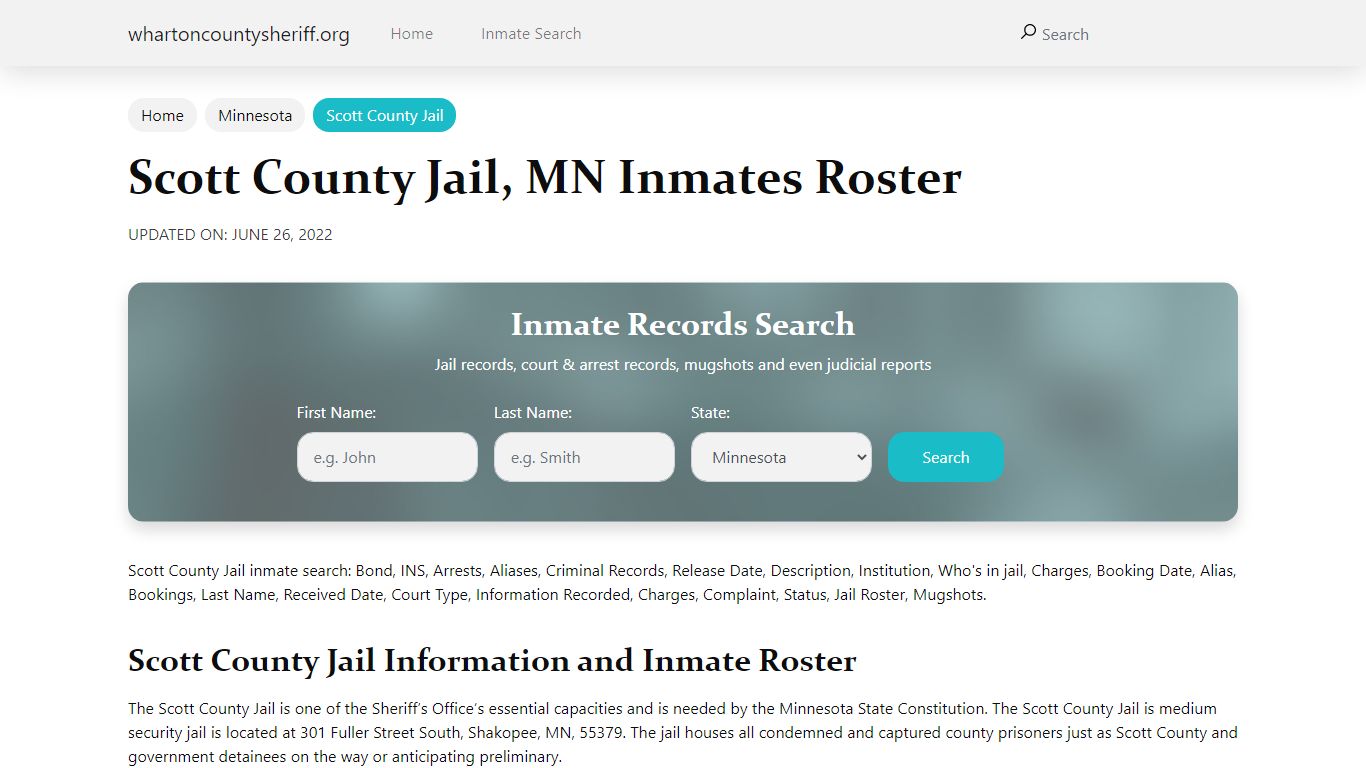 Scott County Jail, MN Jail Roster, Name Search